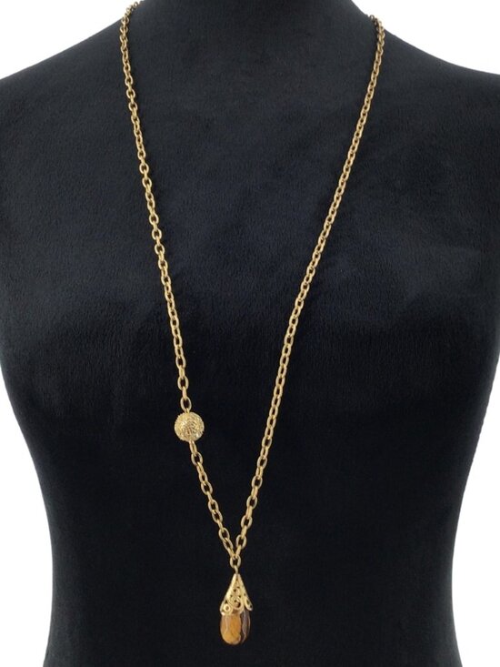 Unbranded Jewelry - Vintage Pendant Necklace Simulated Tigers Eye Rhinestone Accent 34 Inch Length G